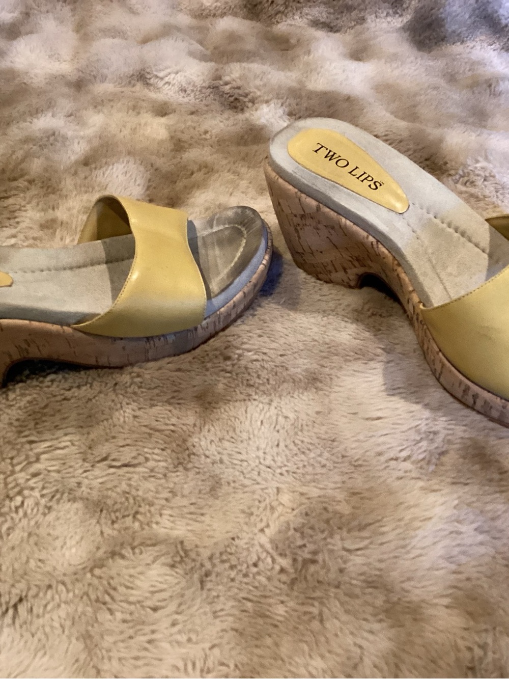 Two Lips Lemon Yellow Cork Wedge Slide Mules